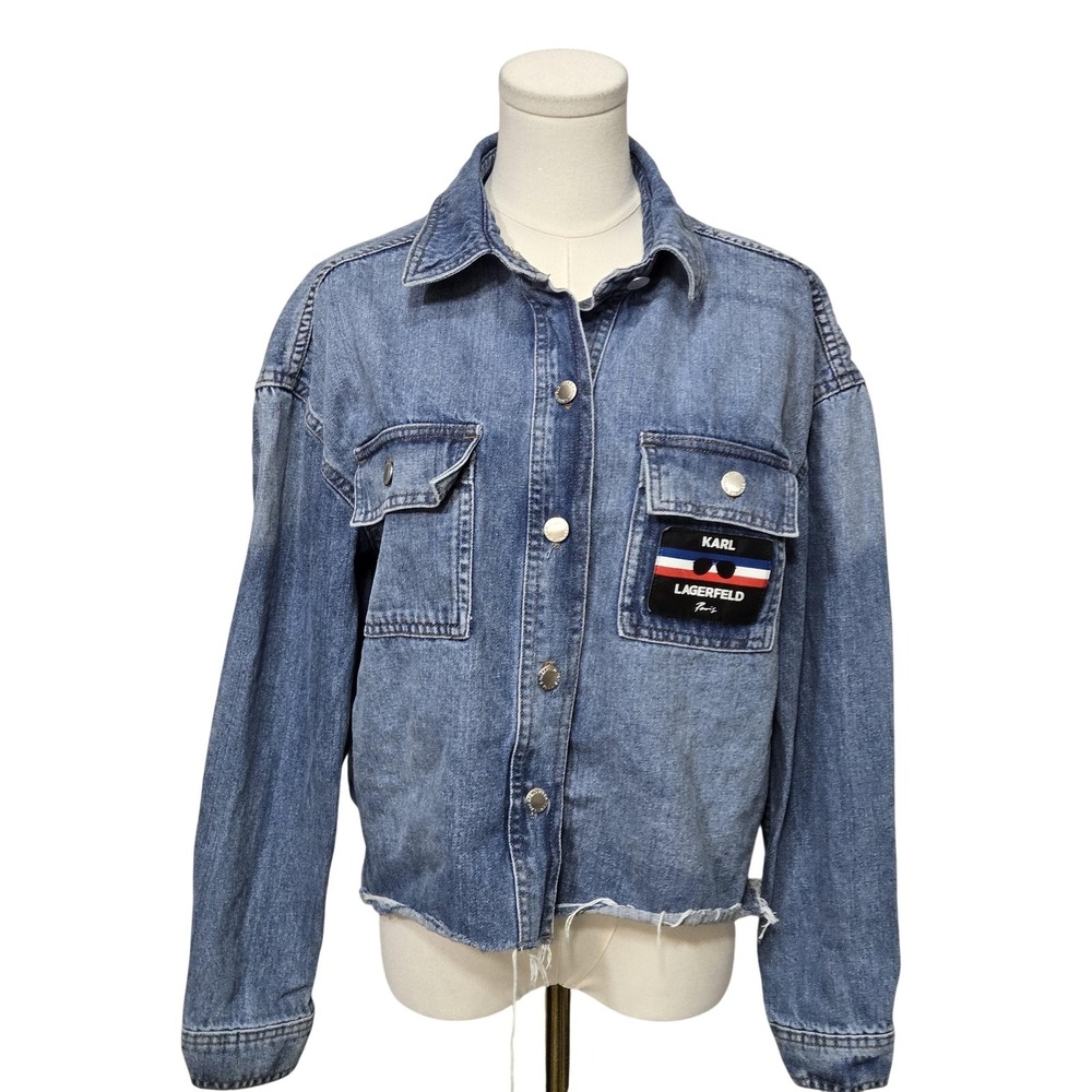 Karl Lagerfeld Jacket Womens Medium Blue Denim Raw Hem Logo Patch Paris Trucker